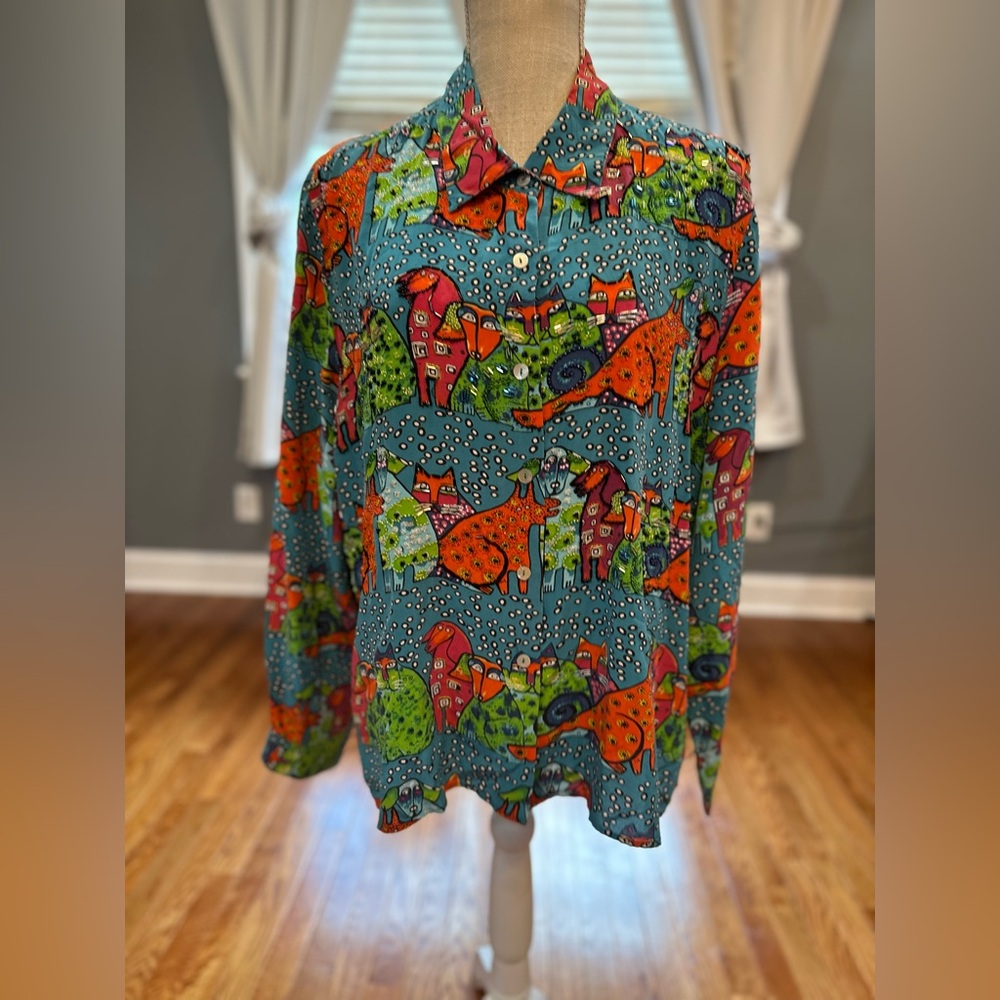 Nicole Taylor RARE beaded cats and dogs long sleeve silk button down shirt